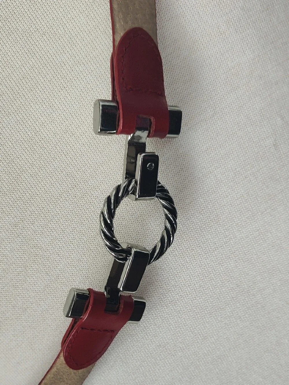 Red Adjustable Genuine Leather Belt with Silver Twisted Ring Buckle